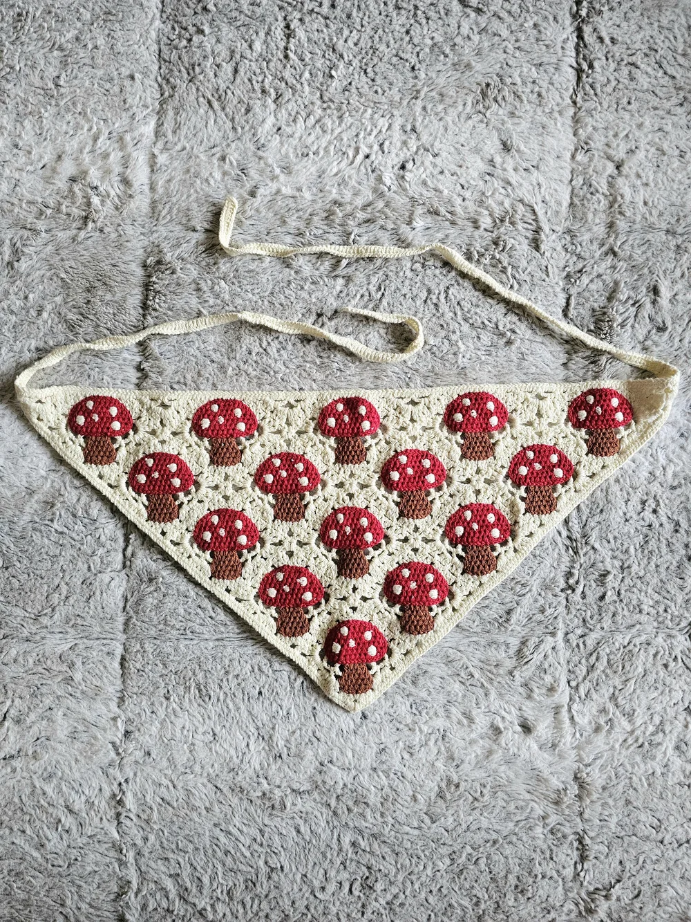Crocheted Mushroom Bandana Hair Scarf - Red & Brown EUC